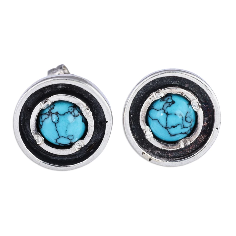 925 Sterling Silber Runde Türkis Ohrstecker Türkisschmuck Handgemachter Böhmischer Schmuck Geschenk für Sie