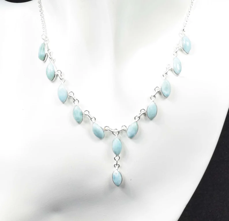 Natürlicher Larimar 925 Sterling Silber Marquise Edelstein Halskette Designer Schmuck Naturstein Handgemachter Schmuck Geschenk zum Jahrestag