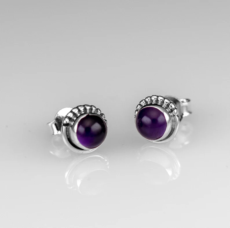 Mooie 925 Sterling Zilveren Paarse Amethist Oorknopjes Ronde Edelsteen Handgemaakte Boheemse Sieraden