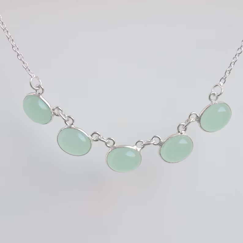 Aquamarin Chalcedon 925 Sterlingsilber Edelstein Designer Halskette Handgefertigter Schmuck Geschenk zum Jahrestag 5-Stein-Halskette Schmuck