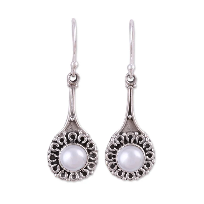 Ohrringe mit Zuchtperlen in Sterlingsilber-Fassungen, Damenschmuck, Boho-Ohrringe, handgefertigte Edelsteinohrringe, Hochzeitsschmuck, Geschenk für sie und Mama
