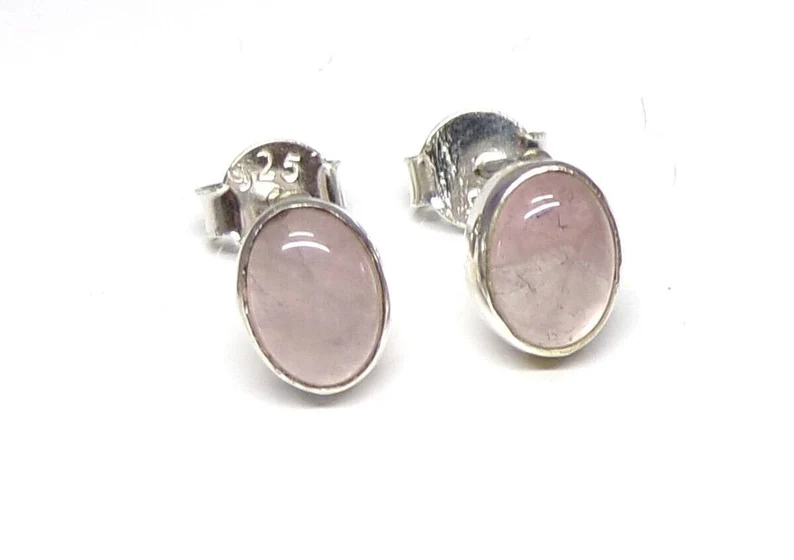 Handgefertigte ovale Rosenquarz 925 Sterling Silber Edelstein elegante Ohrstecker Naturstein Geschenk zum Geburtstag Geschenk für Sie