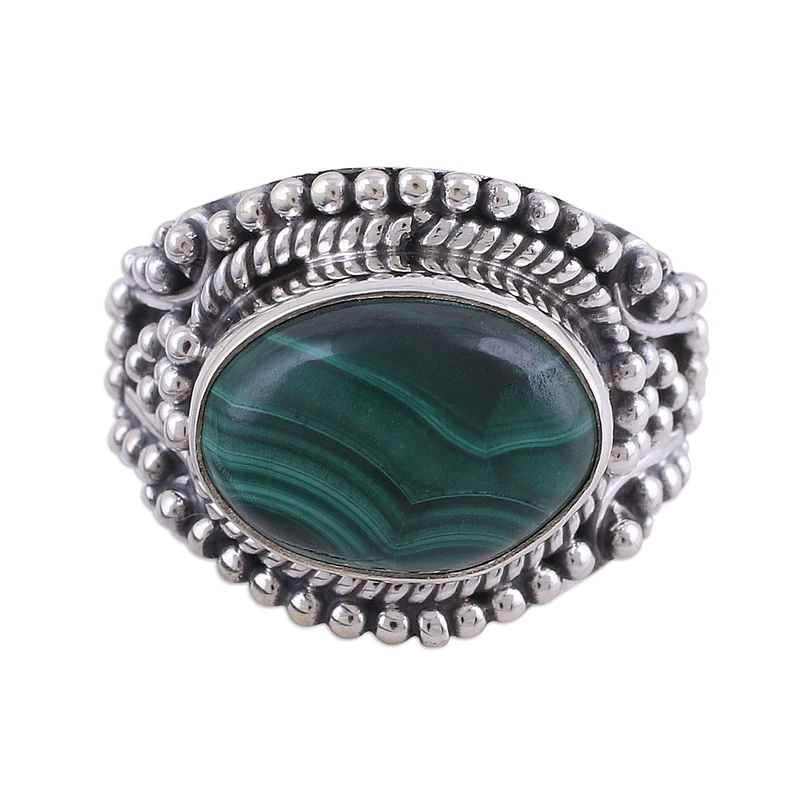 Malachit- und Sterlingsilber-Cocktailring aus Indien Natürlicher grüner Edelsteinring Handgefertigter Bohemian Schmuck Valentinstagsgeschenk für sie Geburtstagsgeschenk