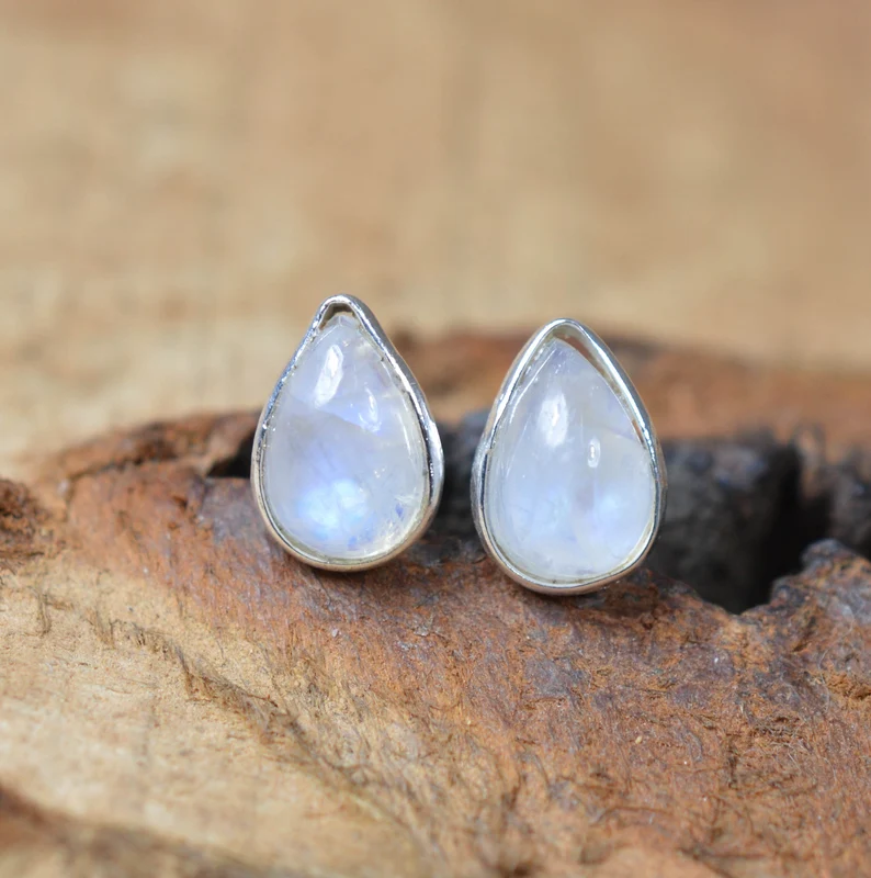 Weißer Regenbogen-Mondstein 925 Sterling Silber Tropfen Ohrstecker Handgemachte Boho Ohrringe Schmuck Geschenk für Sie