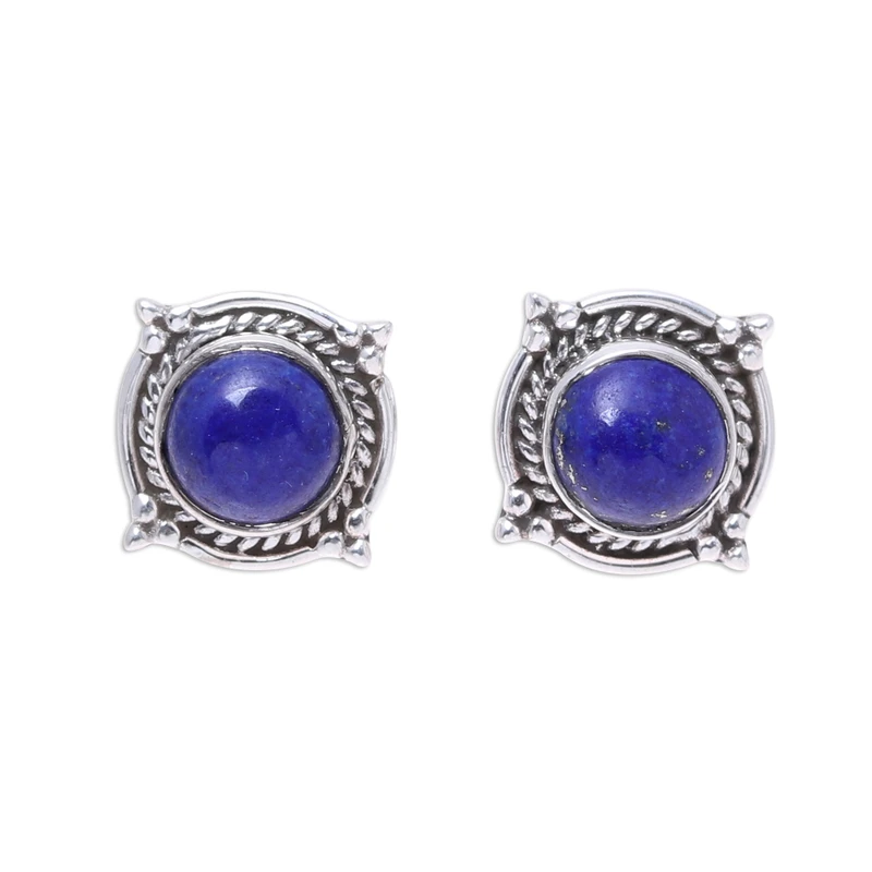 Runde Lapislazuli-Edelstein-Ohrstecker aus 925er Sterlingsilber, handgefertigte Ohrstecker für den Alltag, Geburtstagsgeschenk für sie