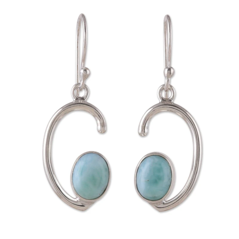 Halbmond Ohrhänger mit natürlichen Larimar Steinen 925 Sterling Silber Edelstein Ohrringe Handgemachte Boho Ohrringe Geschenk für Sie
