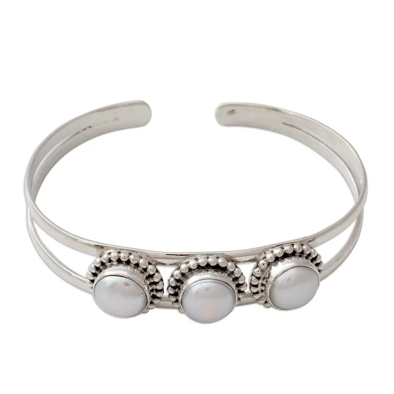 Handgemaakte Indiase Sterling Zilveren Manchet Parel Armband Boheemse Sieraden Charmante Sieraden Cadeauartikel