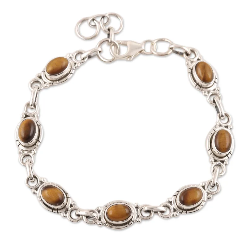Exotic Earth Tiger Eye Link Bracelet 925 Sterling Silver Boho Dainty Jewelry Gift For Her