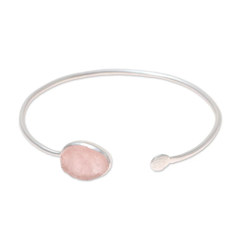 Rosenquarz-Oval-Manschettenarmband aus Sterlingsilber, böhmischer Schmuck, bezaubernder Schmuck, Valentinstagsgeschenk für sie