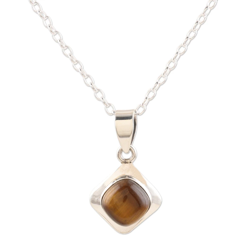 925er Sterlingsilber- und Tigerauge-Anhänger-Halskette, echte Edelsteinkette, 925er Sterlingsilber, böhmischer Schmuck, Geschenk für sie