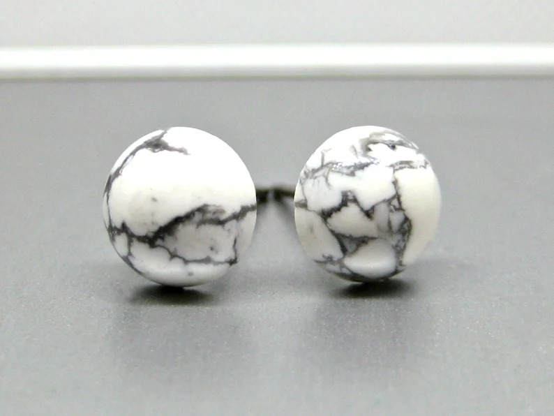 Echte Natuurlijke Witte Howliet Oorknopjes 925 Sterling Zilver Sierlijke Oorknopjes Boho Stijl Verjaardagscadeau Marmeren Oorbellen Edelsteen Oorknopjes Cadeau Voor Haar & Moeder