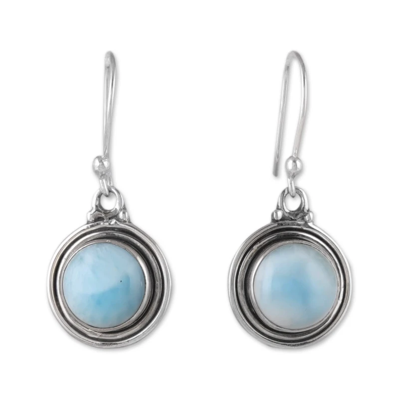 Natürliche runde Larimar-Ohrhänger aus 925er Sterlingsilber, Edelstein-Ohrringe, handgefertigte Boho-Ohrringe, Geschenk für Sie