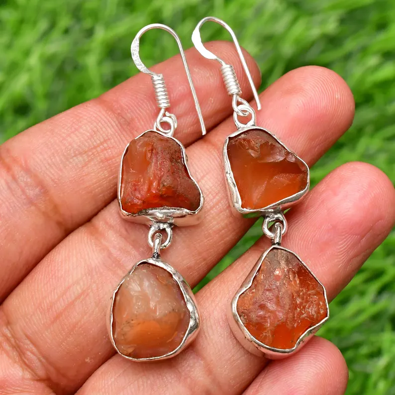 Natürliche Karneol 925 Sterling Silber Roh Ohrringe Geschenk für Sie Handgemachte Ohrringe Dangle Ohrringe Für Frauen Alltag Statement Ohrringe