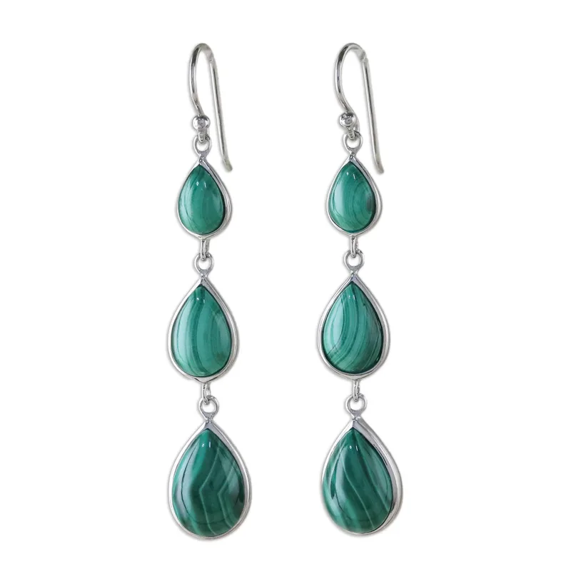 925 Sterling Silber und birnenförmiger Edelstein Malachit Ohrhänger Handgemacht Damen Minimalistische Ohrringe Geschenkidee Schmuckgeschenk für Sie