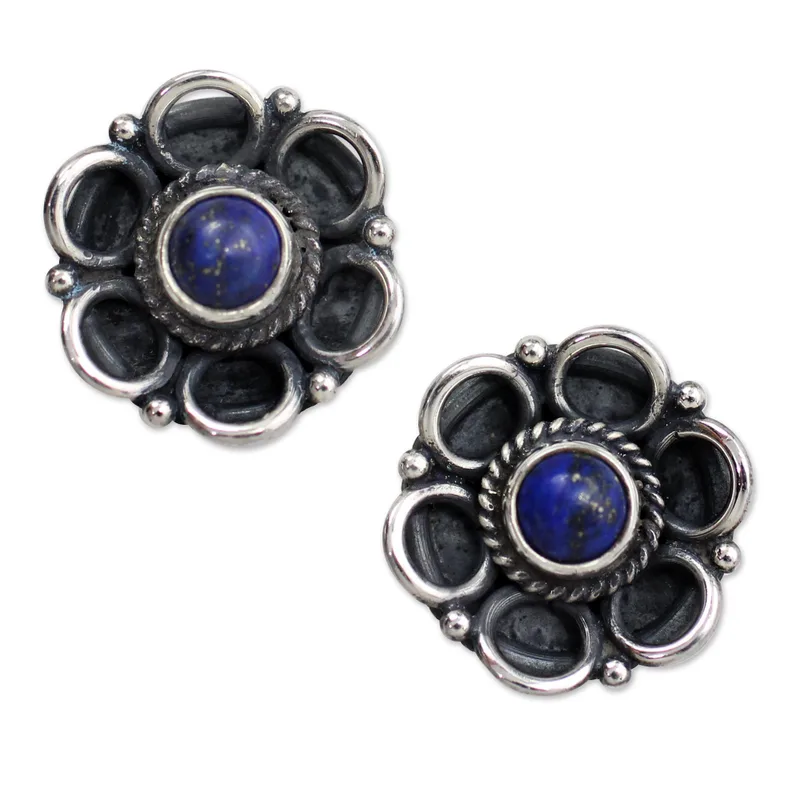 Blumen Lapislazuli Ohrstecker 925 Sterling Silber Handgemachte Ohrringe Alltagsohrringe für Frauen Geschenk für Sie & Mama