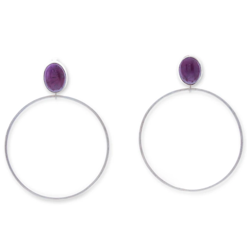 Runde Ohrhänger aus Sterlingsilber mit natürlichem Amethyst, handgefertigte Ohrringe, Geschenkidee, Geburtstagsgeschenk, böhmischer Schmuck, Geschenk für sie