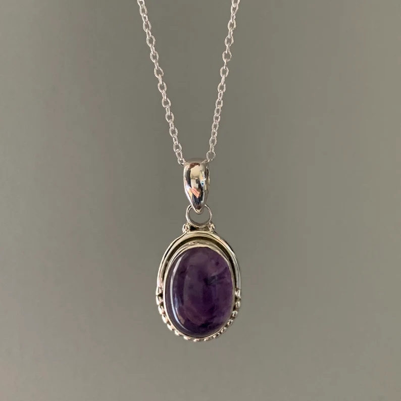 Amethyst-Halskette Boho-Halskette Ovale Amethyst-Halskette Sterling Silber Lila Halskette Zarte Halskette
