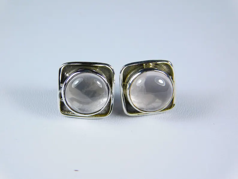 Echte 925 Sterling Silber Ohrstecker Quadratisch mit Natürlichem Rosenquarz Edelstein Minimalistischer Silberschmuck Handgemachtes Geschenk für Sie