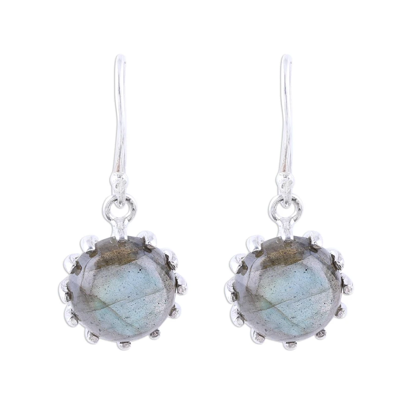 Runde Ohrhänger aus Sterlingsilber mit Labradorit, Edelstein-Ohrringe, Labradorit-Schmuck Geschenkidee