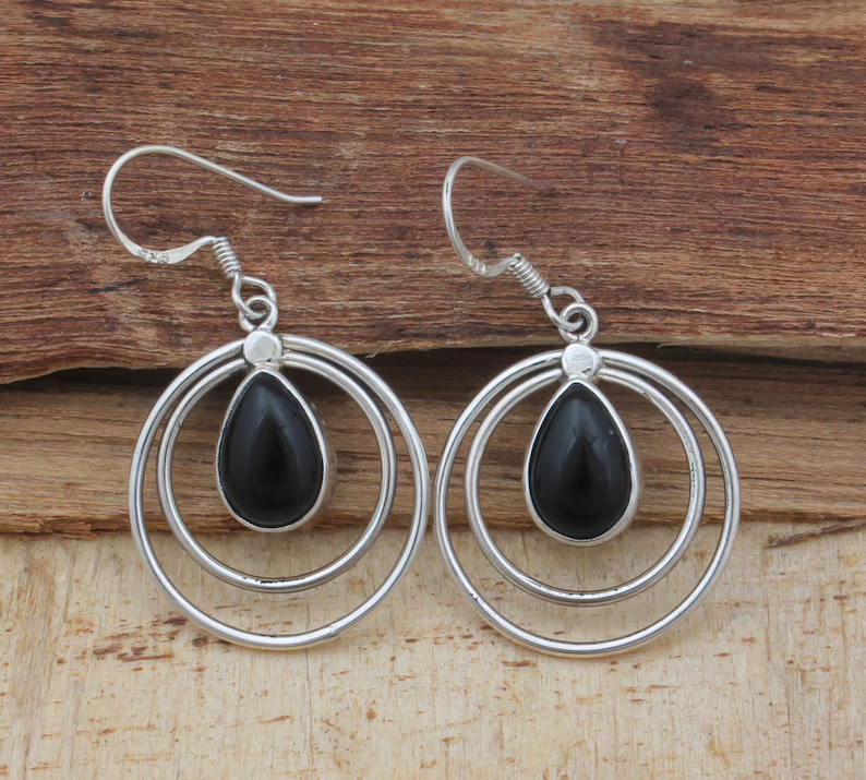 Schwarzer Onyx Kreis Edelstein Silber Ohrring 925 Sterling Silber Tropfen Ohrringe für Damen Handgemachte Stein Ohrringe Geschenke für Muttertag