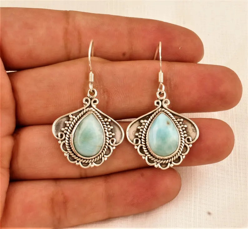 925 Sterling Massiv Silber Larimar Birnenstein Ohrringe Natürliche Larimar Edelstein Silber Ohrringe Handgefertigte Damen Hochzeitsgeschenk Ohrringe