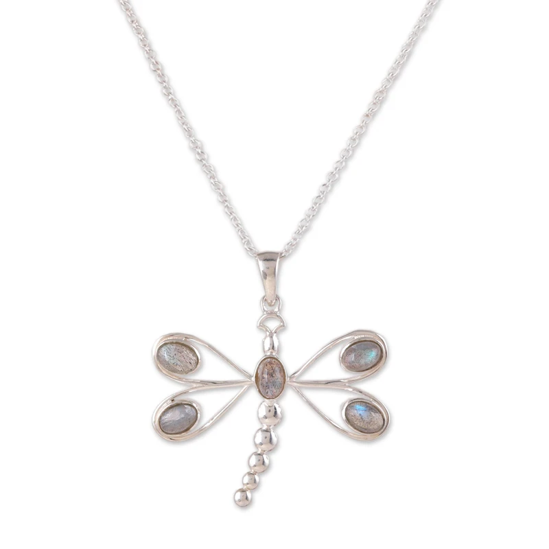 Libellen-Halskette mit Labradorit-Anhänger, 925 Sterling Silber Halskette, Labradorit-Schmuck, blaue Blitz-Labradorit-Halskette für Frauen, Brautjungfern-Halskette