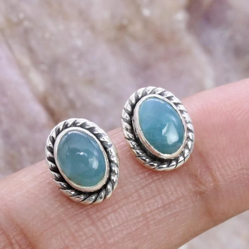 Larimar-Edelstein-Ohrstecker, massive 925er Sterlingsilber-Ohrstecker, Alltagsohrringe, Geschenk für Sie