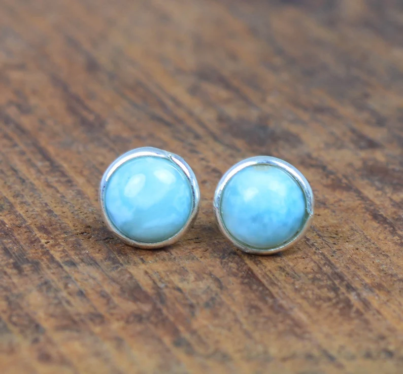 Blauer Larimar 925 Sterling Silber handgemachter Ohrstecker natürlicher Edelstein handgemachter Schmuck Geschenk zum Geburtstag