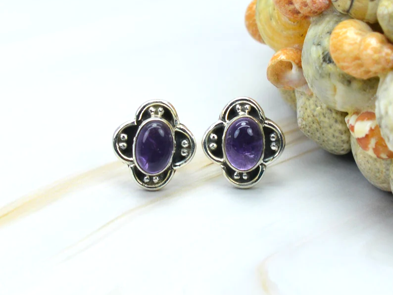 Paarse Amethist 925 Sterling Zilveren Oorknopjes Edelsteen Designer Oorbellen Cadeau Voor Jubileum