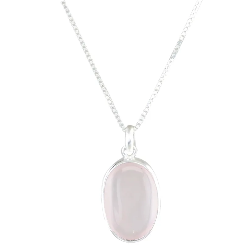 Ovale Rosenquarz-Anhänger-Halskette 925er Sterling Silber Halskette für Frauen handgemachte Boho Halsketten Geschenke für Sie