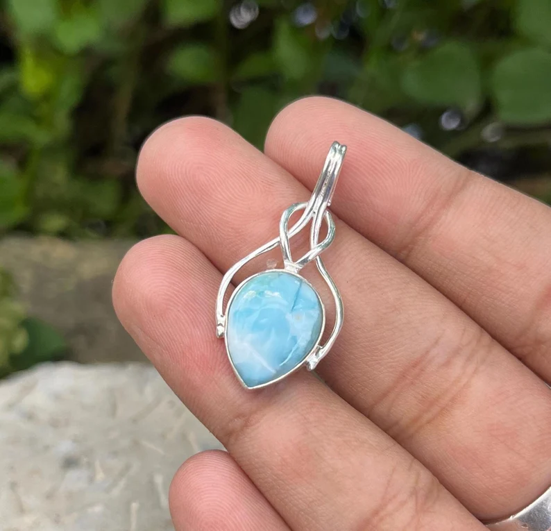 925 Sterling Silber Larimar-Anhänger, Birnenförmiger Edelstein-Anhänger für Damen, Anhänger für den täglichen Gebrauch, Anhänger für Halsketten, perfektes Geschenk