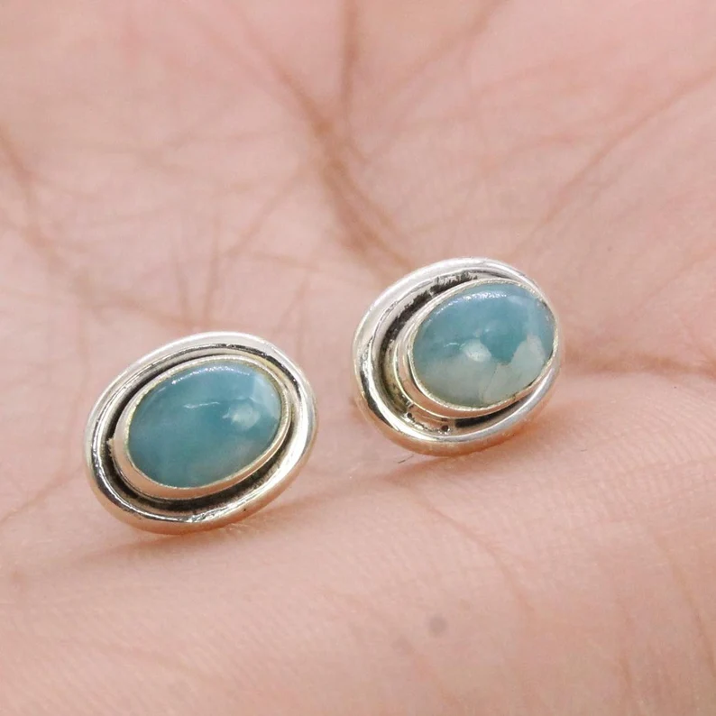Massive 925er Sterling Silber Ohrstecker Larimar Edelstein Ohrringe Alltags-Ohrringe Minimalistische Besondere Ohrringe Perfektes Geschenk für Sie