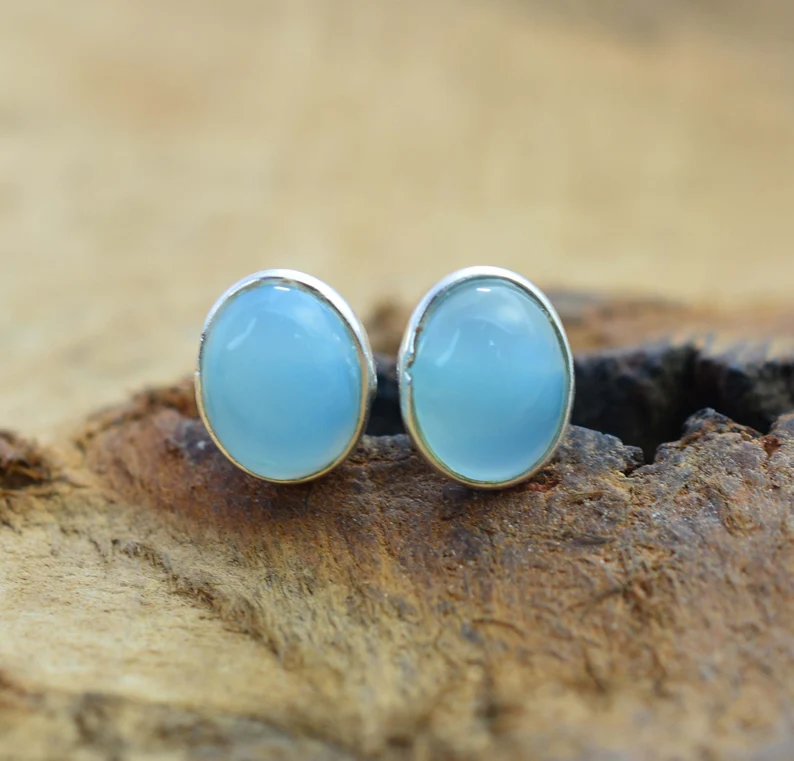 Blauer Chalcedon 925 Sterling Silber Ohrstecker Ovale Form Edelstein Handgemachter Böhmischer Schmuck Geschenk Für Sie
