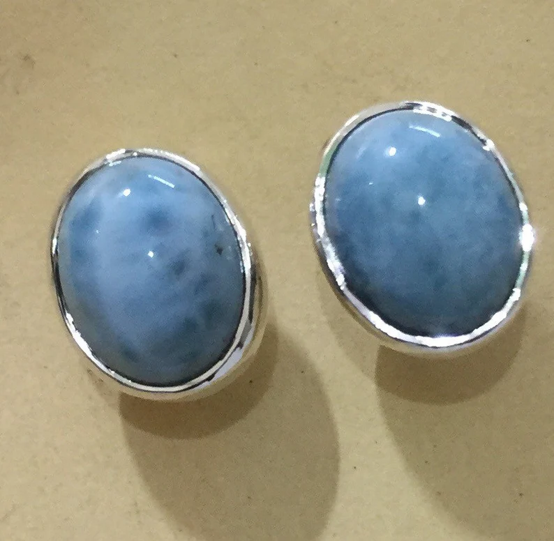 Ohrstecker aus natürlichem Larimar, oval, und Ohrringe aus 925er Sterlingsilber, Larimar-Schmuck, Geburtsstein, klassische Ohrringe
