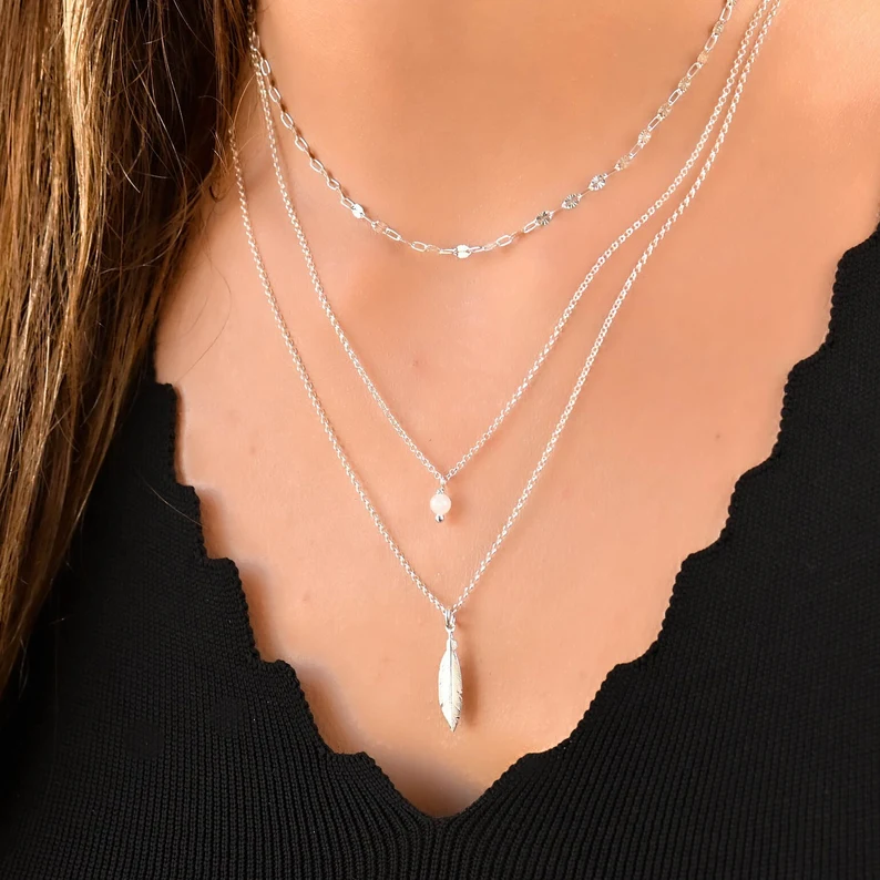 Mehrreihige Halsketten-Set, Silber, mehrsträngige Halskette, mehrreihige Boho-Halskette, Sterling-Silber-Halsketten für Damen