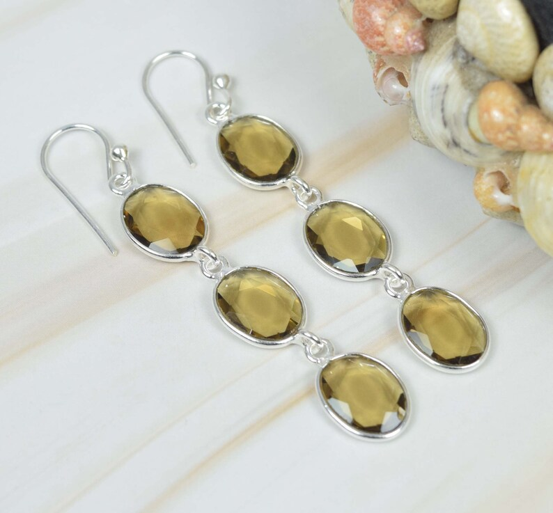 Smoky Quartz 925 Sterling Silver Gemstone Hook Earring Handmade Jewelry Elegant Earring Gift For Birthday 3 Stone Earring