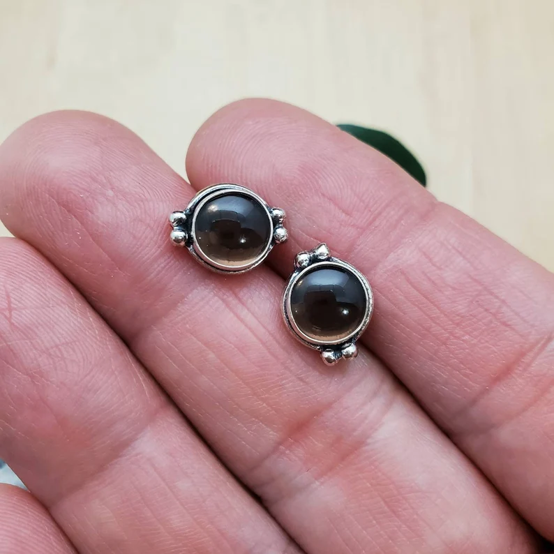 Rauchquarz handgemachter Schmuck 925 Sterling Silber Ohrstecker Trendiges Geschenk für sie Damen Minimalistischer Edelsteinschmuck Geschenk für sie