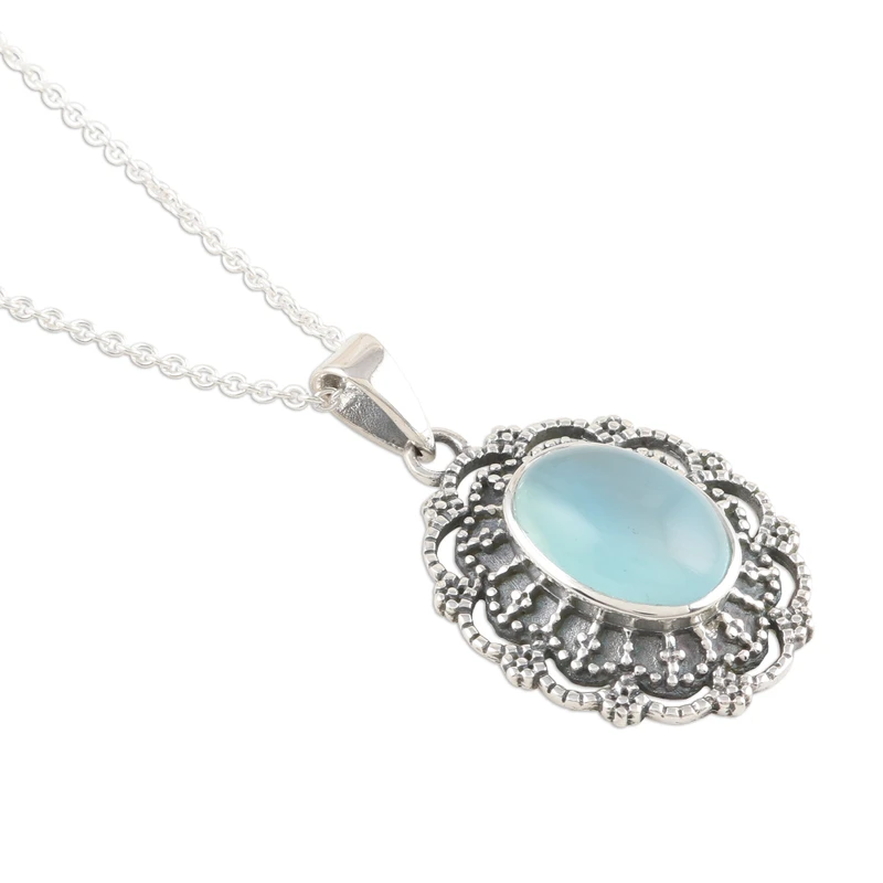 Aqua-Chalcedon Cabochon Sterling Silber Anhänger Halskette Handgefertigte Zierliche Halsketten Böhmischer Schmuck Geschenk Für Sie