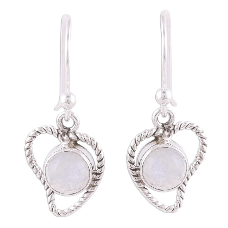 Regenbogen-Mondstein Abstrakte Herz-Ohrhänger Sterlingsilber 925 Handgefertigte Edelstein-Ohrringe Geschenk für Sie Geburtstagsgeschenk