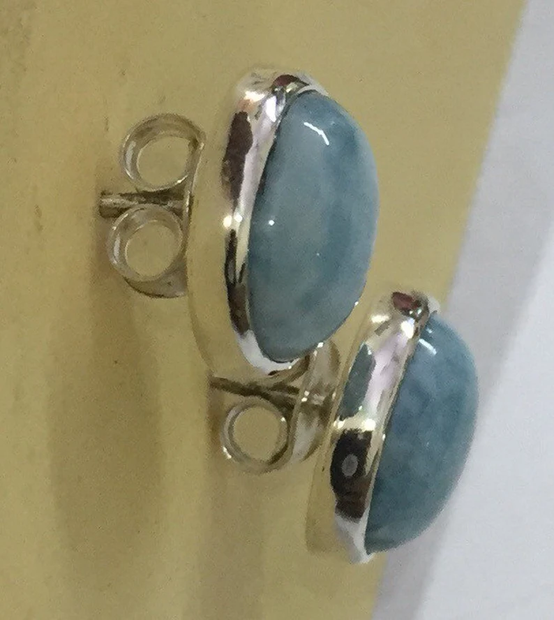 Ohrstecker aus natürlichem Larimar, oval, und Ohrringe aus 925er Sterlingsilber, Larimar-Schmuck, Geburtsstein, klassische Ohrringe