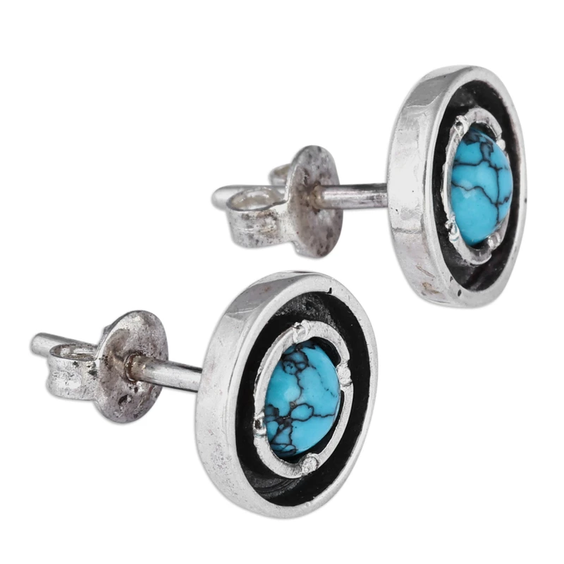 925 Sterling Silber Runde Türkis Ohrstecker Türkisschmuck Handgemachter Böhmischer Schmuck Geschenk für Sie