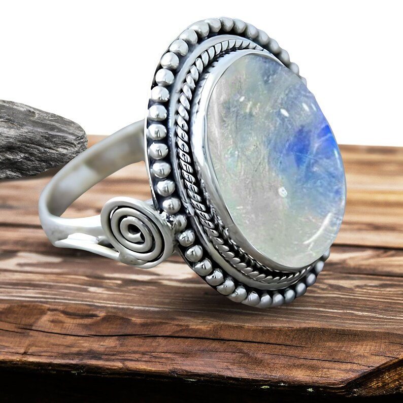 Blauer Feuer-Mondsteinring 925er Sterling Silber Damen Bandring Handgemachter Ring Designer Ring