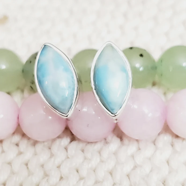 Larimar Marquise-Schliff Edelstein 925 Sterling Silber Ohrstecker Designer Silberohrringe Natürliche Edelsteinohrringe Handgefertigte Ohrringe