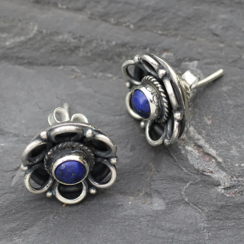 Blumen Lapislazuli Ohrstecker 925 Sterling Silber Handgemachte Ohrringe Alltagsohrringe für Frauen Geschenk für Sie & Mama