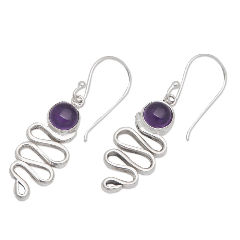 Zickzack Ohrringe aus Sterlingsilber und Amethyst Baumelnde Ohrringe Handgemachte Ohrringe Geschenkartikel Geburtstagsgeschenk für sie