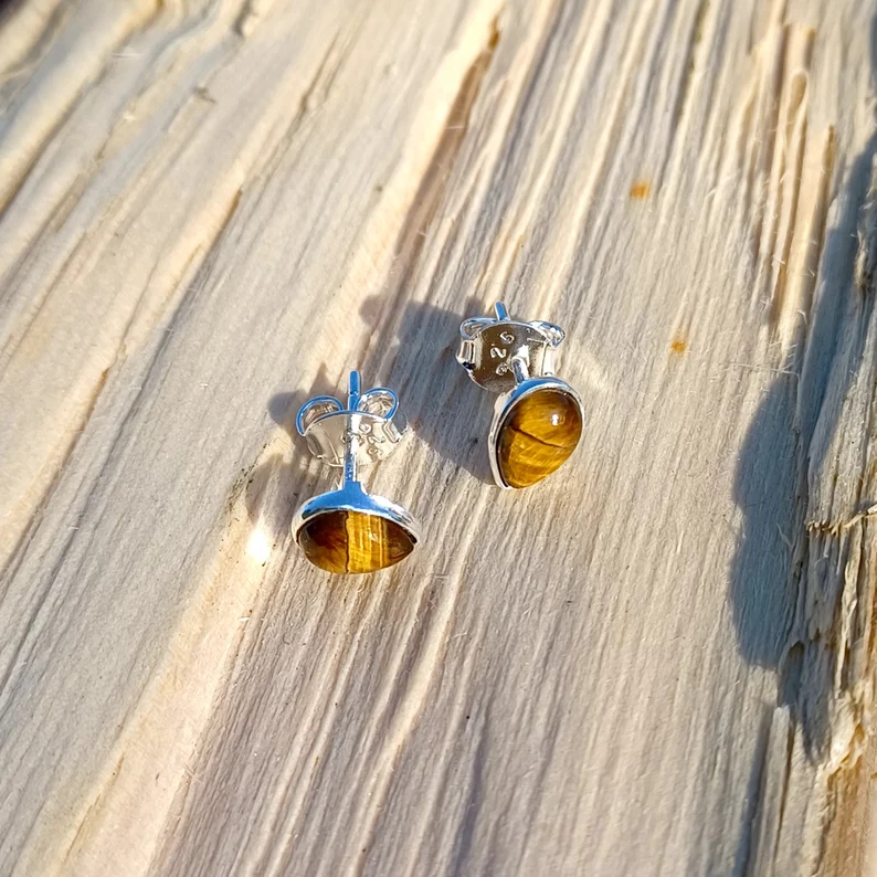 Sterling Zilver Traan Tijgeroog Oorknopjes Kleine Halve Edelsteen Oorknopjes Antieke Stijl Oorknopjes Cadeau voor Haar Delicate Oorknopjes