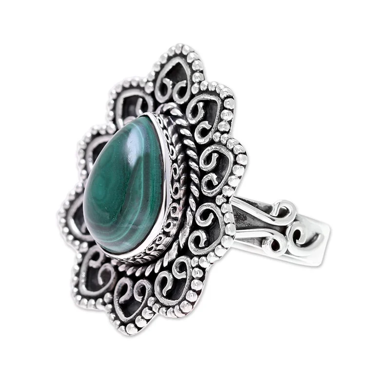 Malachit Teardrop und Sterling Silber Ranken Cocktailring Natürlicher grüner Edelsteinring Handgemachter Böhmischer Schmuck Valentinstagsgeschenk für sie Geburtstagsgeschenk