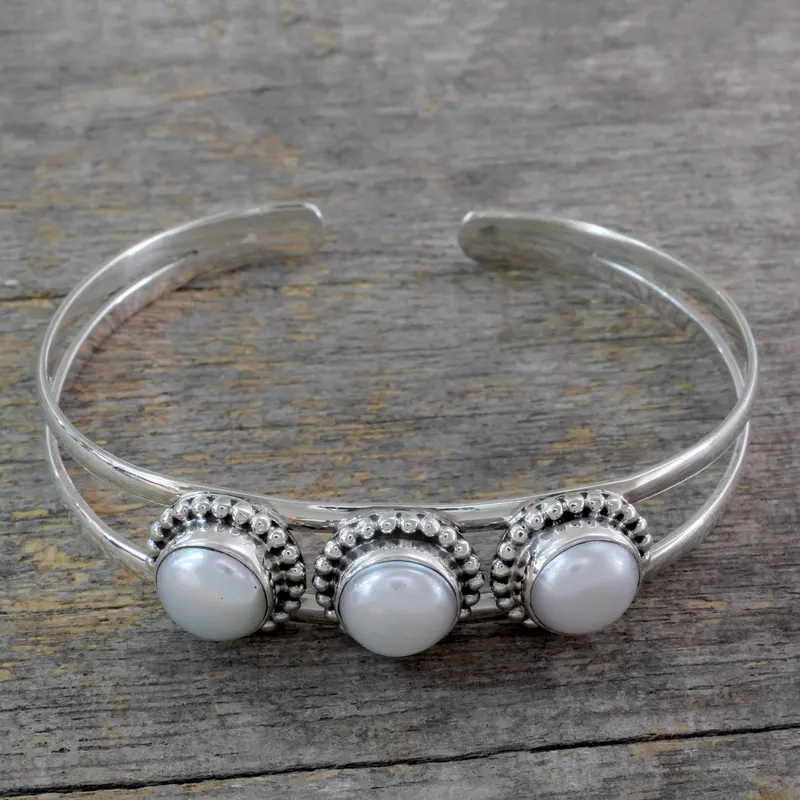 Handgemaakte Indiase Sterling Zilveren Manchet Parel Armband Boheemse Sieraden Charmante Sieraden Cadeauartikel