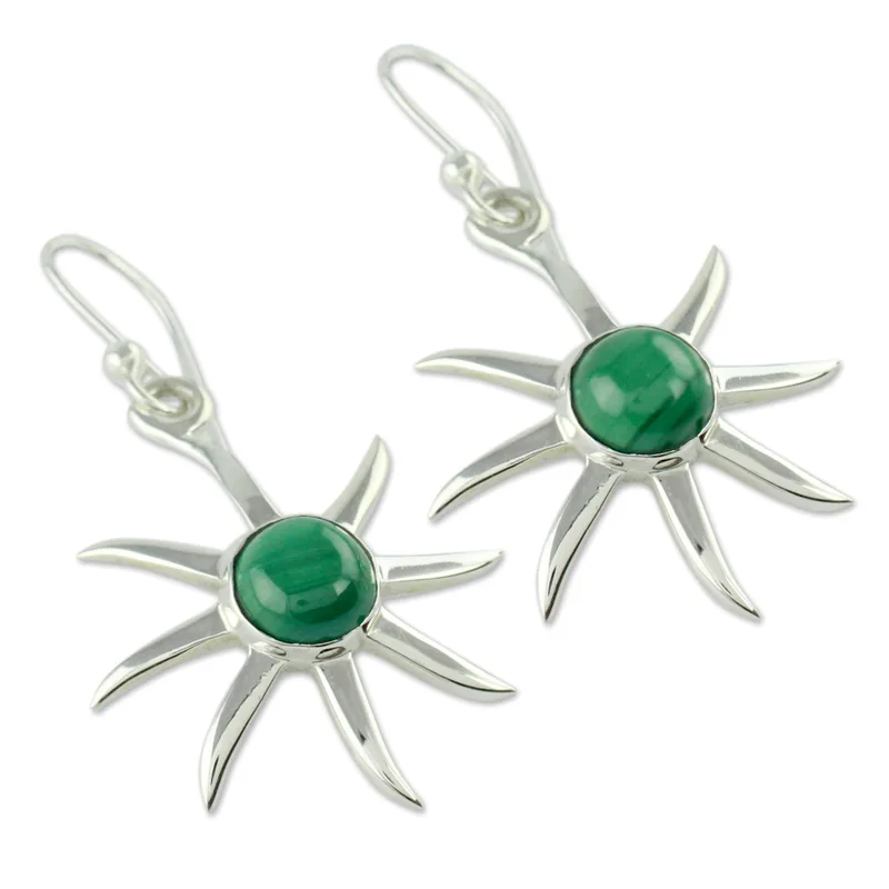 Sonnen-Design, runde Form, Malachit-Ohrringe, 925er Sterlingsilber, handgefertigte Damen, minimalistische Ohrringe, Geschenkidee, Schmuckgeschenk für Sie