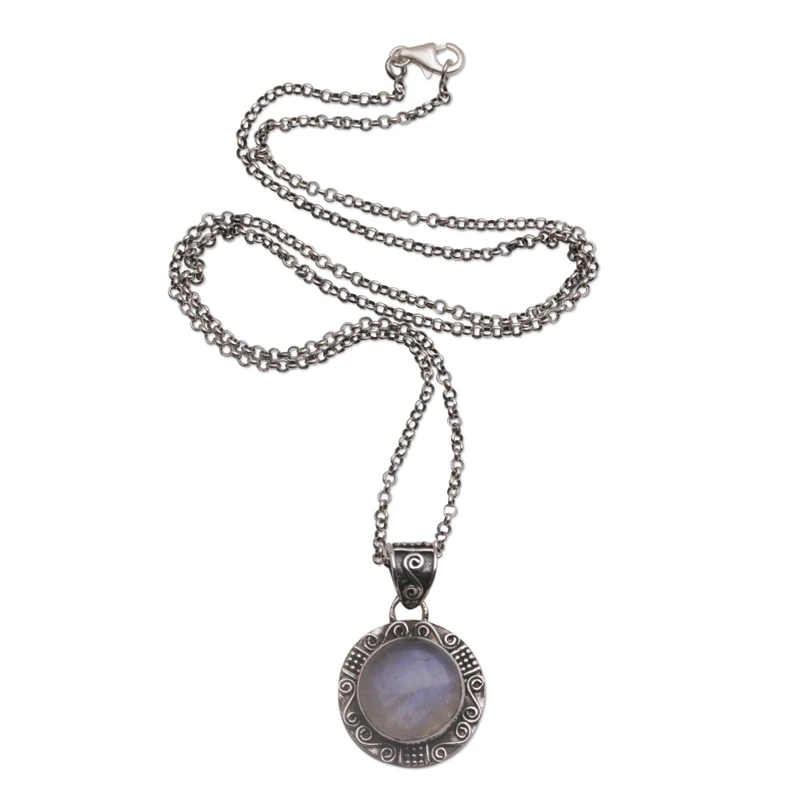 Runder Regenbogen-Mondstein 925 Sterling Silber Anhänger Halskette Handgefertigter Böhmischer Schmuck Jahrestagsgeschenk für Sie